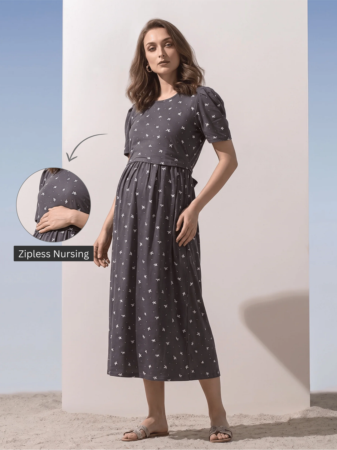 Grey floral zipless maternity nighty for women online