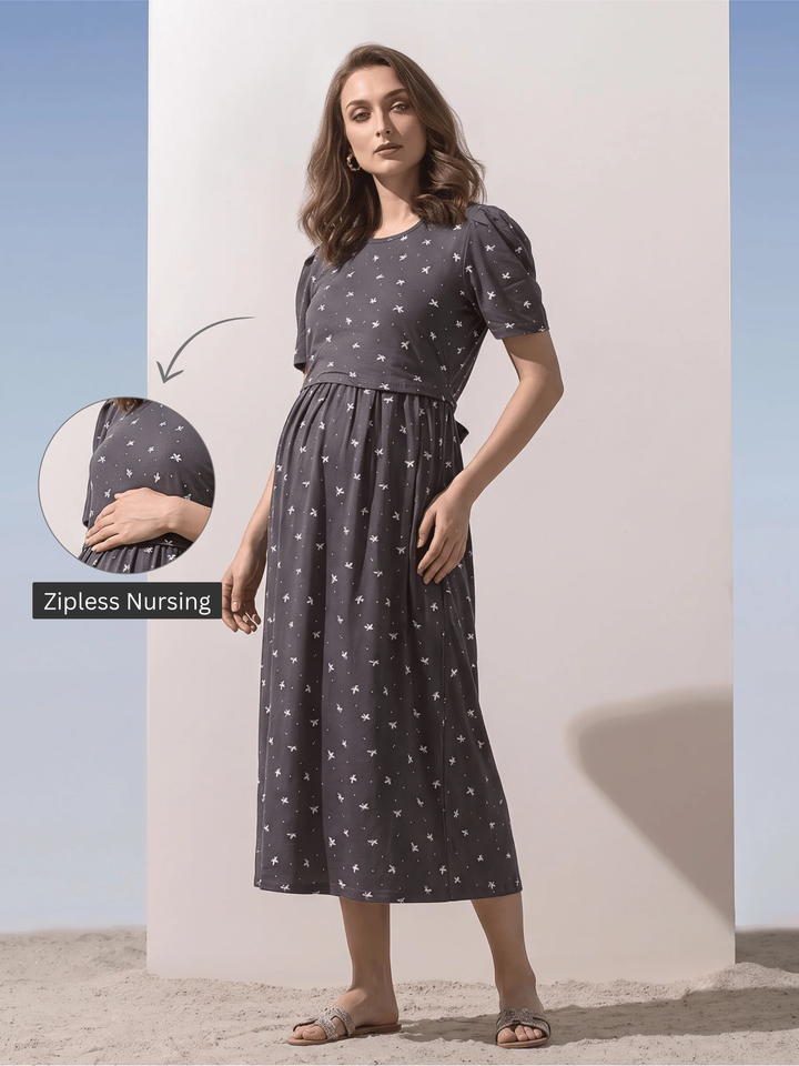 Grey floral zipless maternity nighty for women online