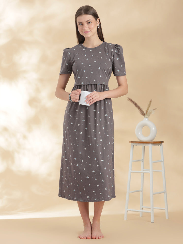 Grey floral zipless maternity nighty for women online