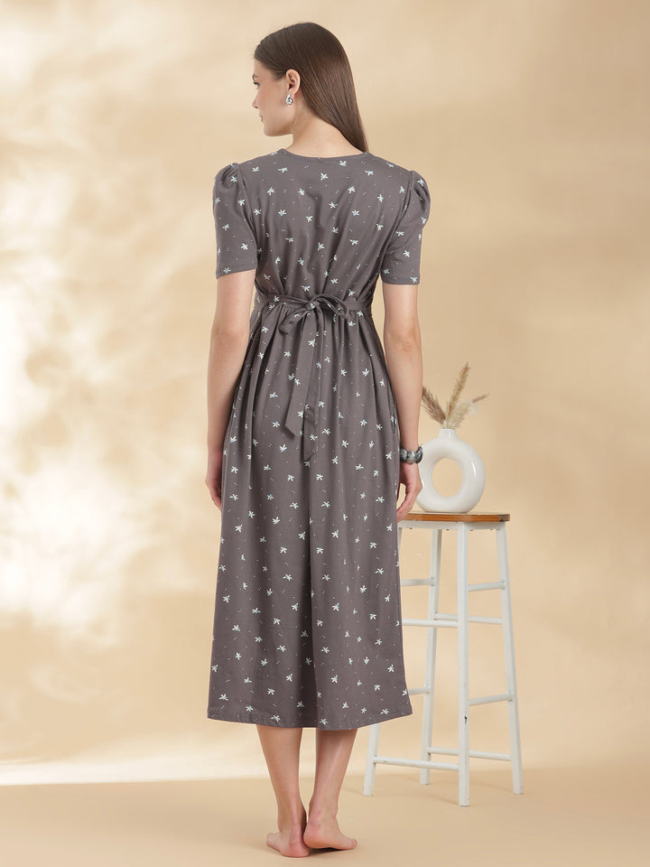 Grey floral zipless maternity nighty for women online
