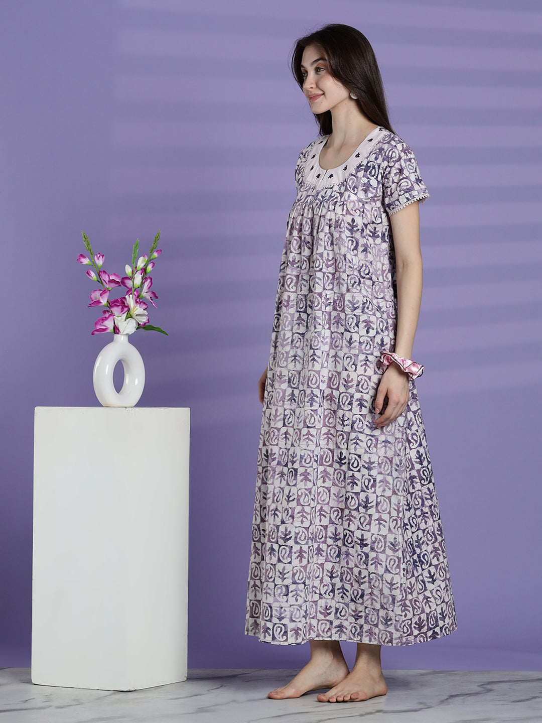 Batik print cotton nighty dress for women