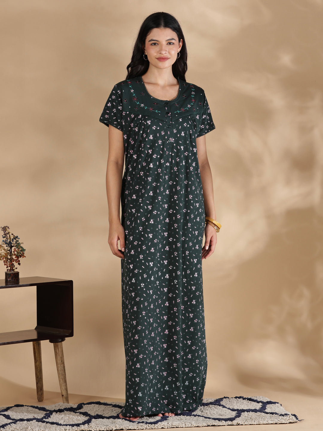 Emerald floral cotton blend nightydress for women online