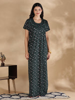 Emerald Floral Cotton Blend Nighty for Women with Pocket