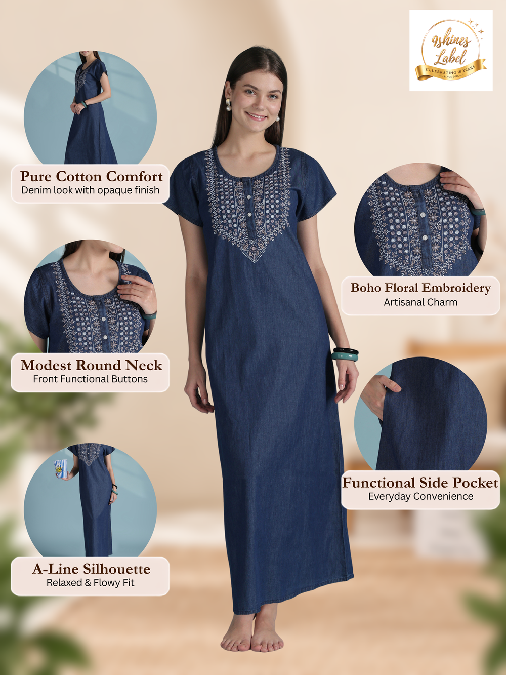Blue cotton denim nighty for women with boho embroidery