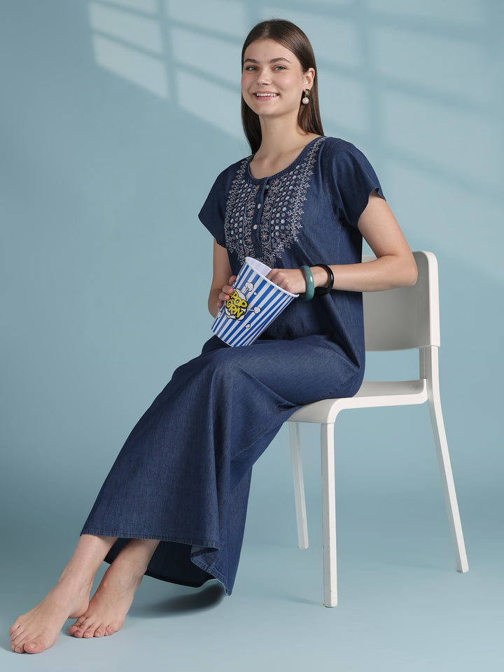 Blue cotton denim nighty for women with boho embroidery