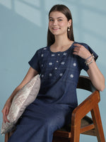 Sophisticated Denim Feel A-Line Nighty with Floral Accents