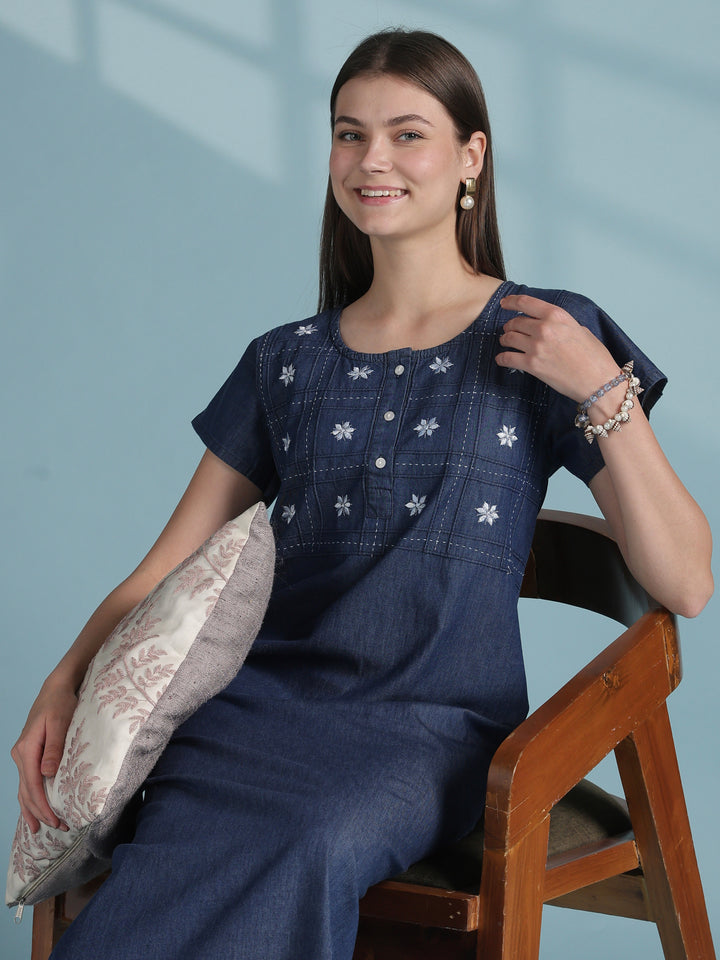 Dark blue cotton nighty dress for women with embroidery