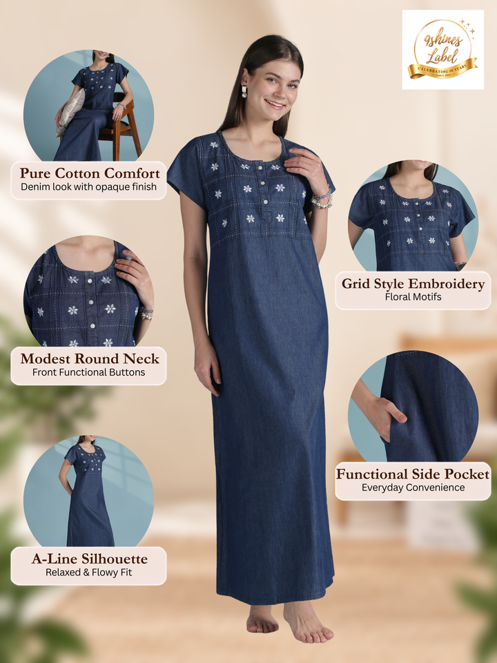 Dark blue cotton nighty dress for women with embroidery