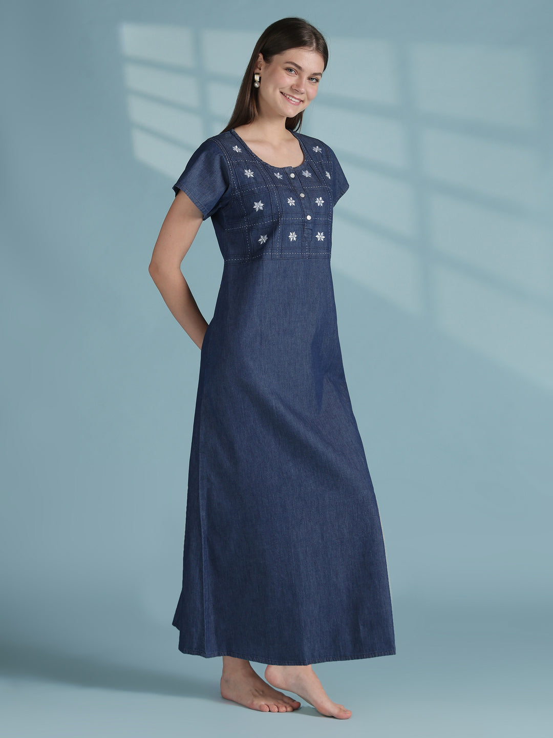 Dark blue cotton nighty dress for women with embroidery