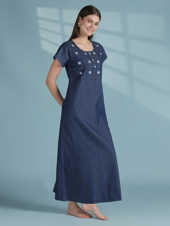 Dark blue cotton nighty dress for women with embroidery