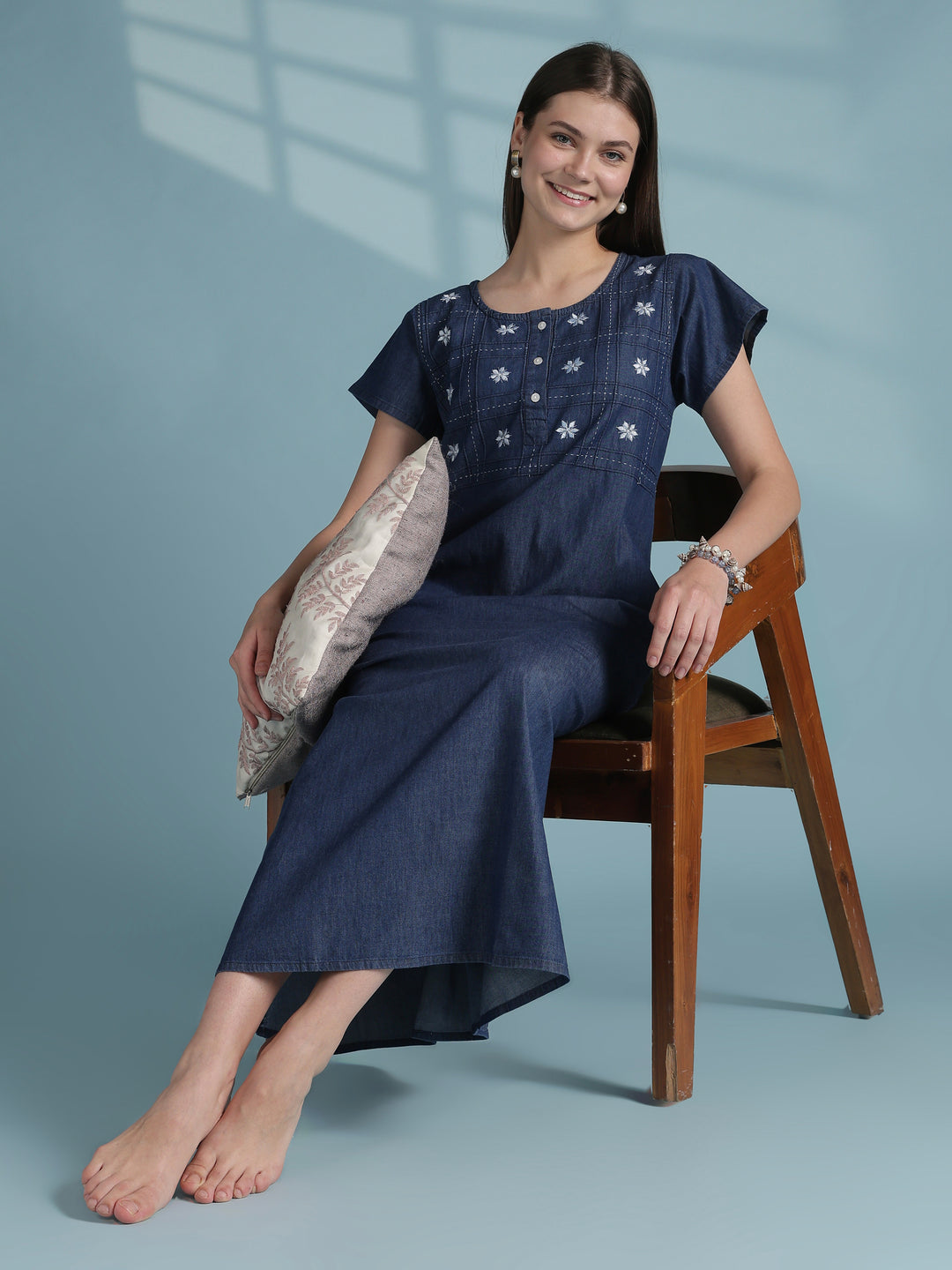 Dark blue cotton nighty dress for women with embroidery