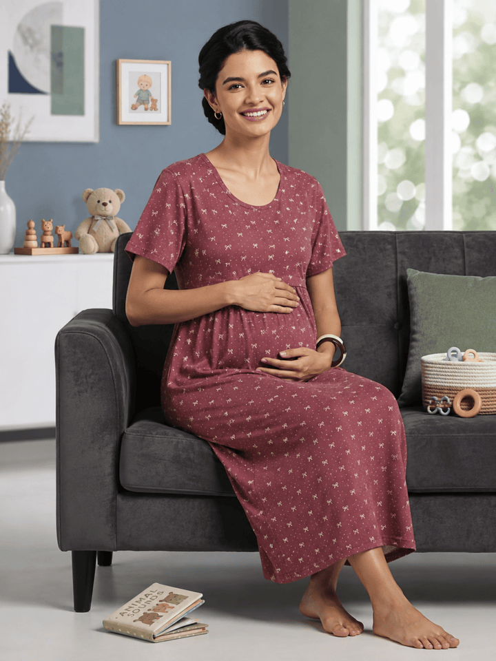 Mauve cotton maternity nighty for women with feeding zipper