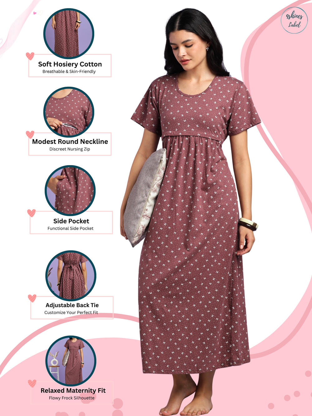 Mauve cotton maternity nighty for women with feeding zipper