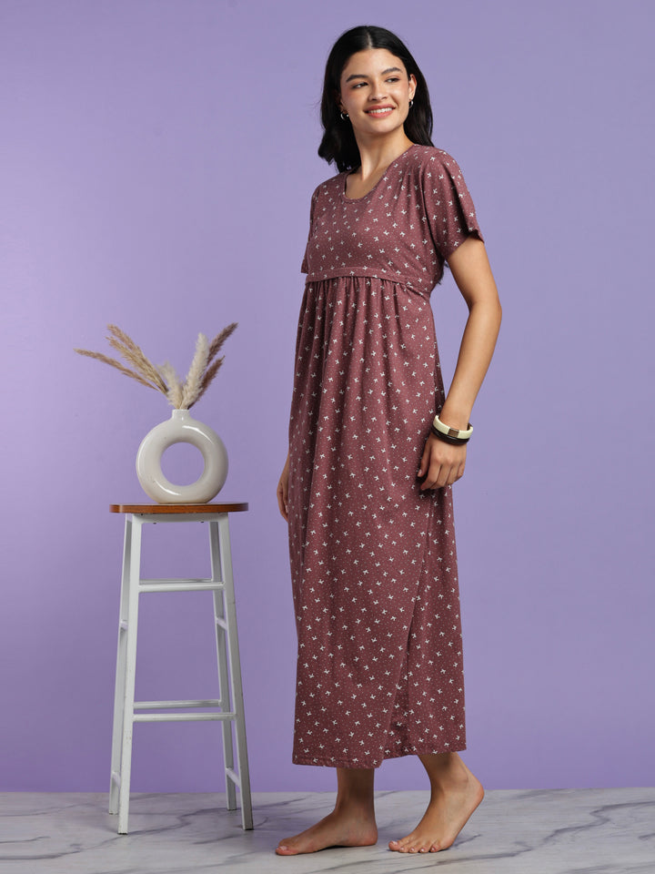 Mauve cotton maternity nighty for women with feeding zipper