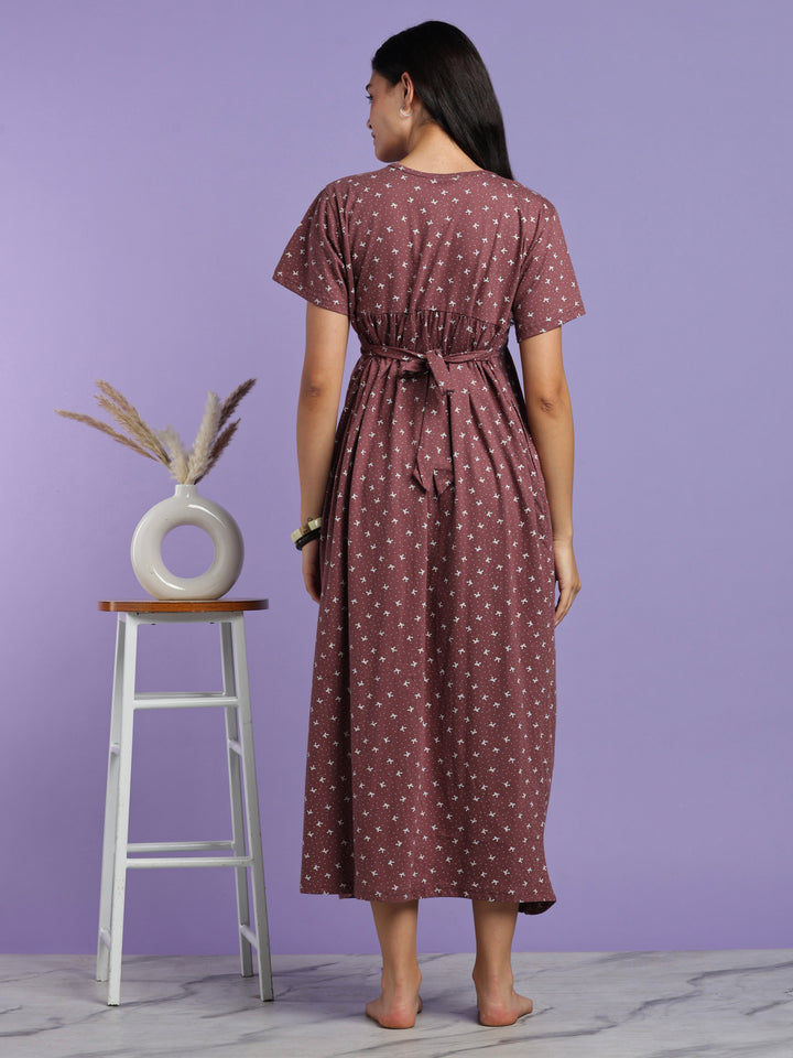 Mauve cotton maternity nighty for women with feeding zipper
