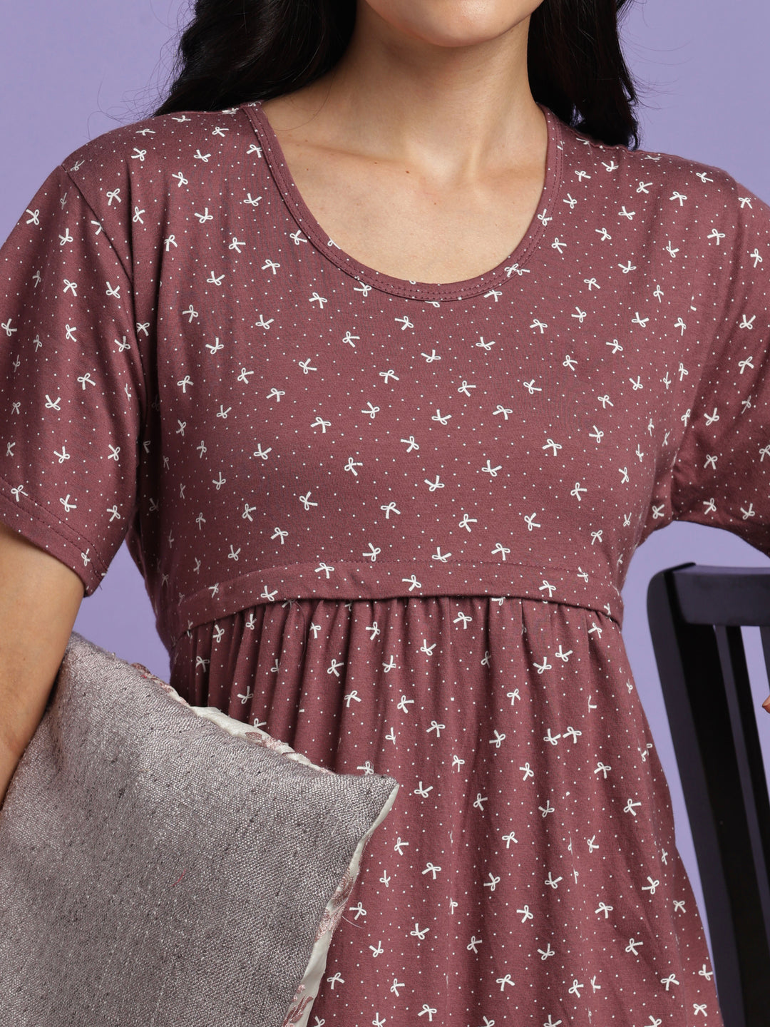 Mauve cotton maternity nighty for women with feeding zipper