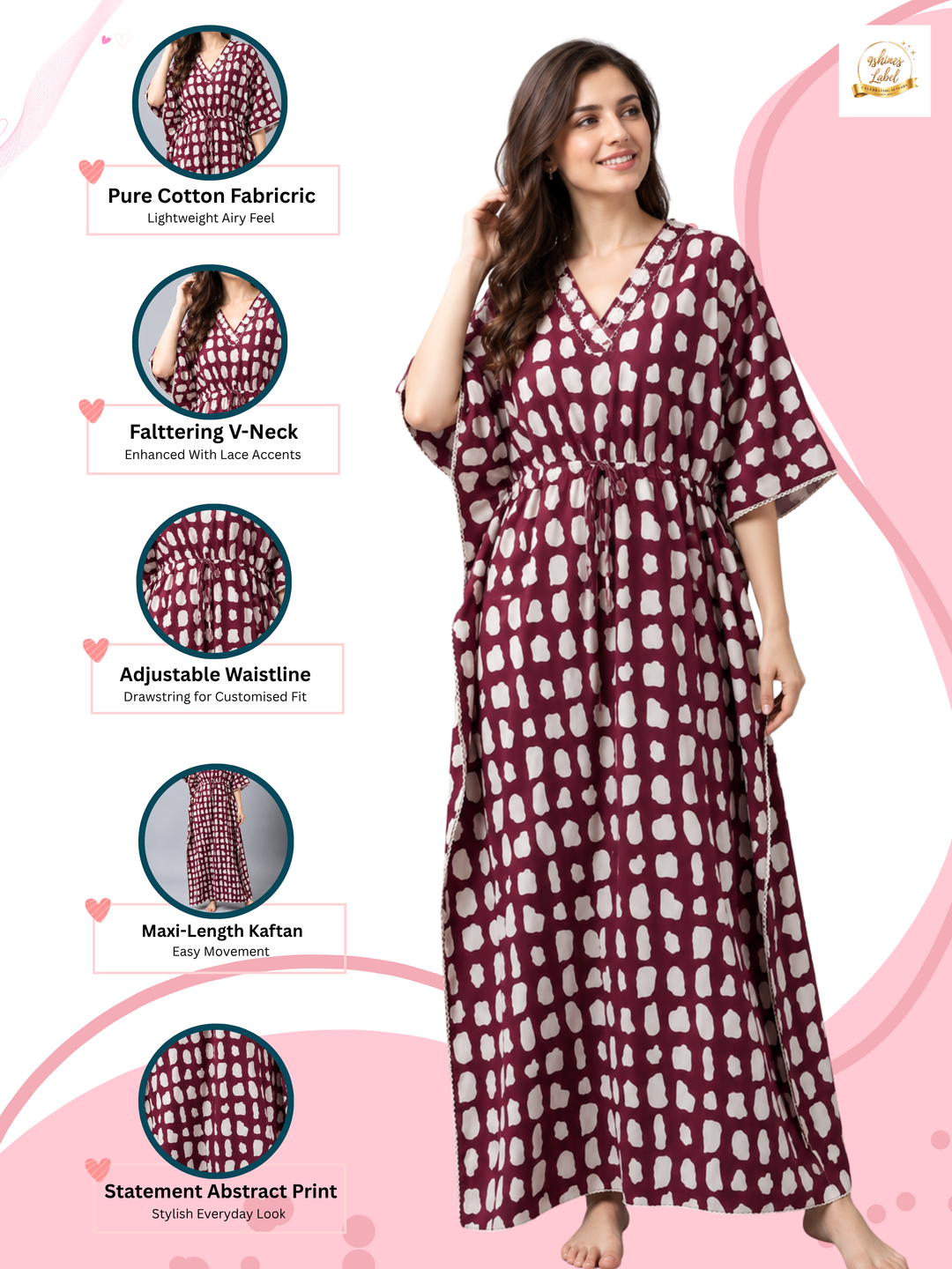 Breezy Wine Pure Cotton Kaftan with Relaxed Comfort Fit