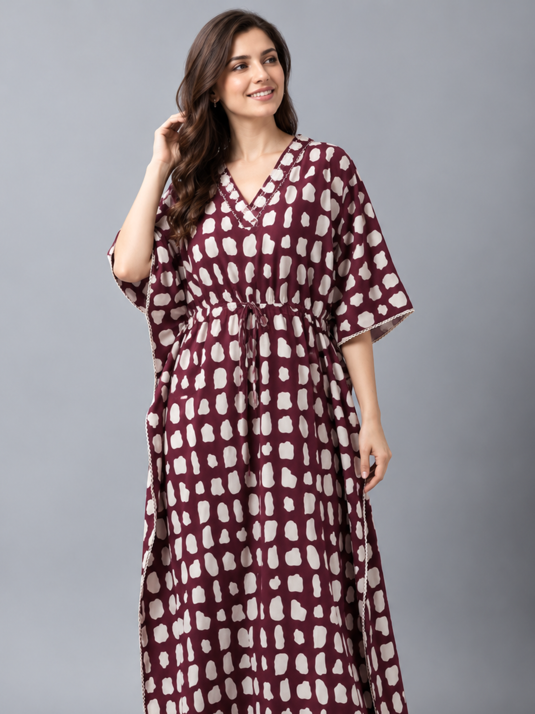 Breezy wine abstract print pure cotton nighty for women