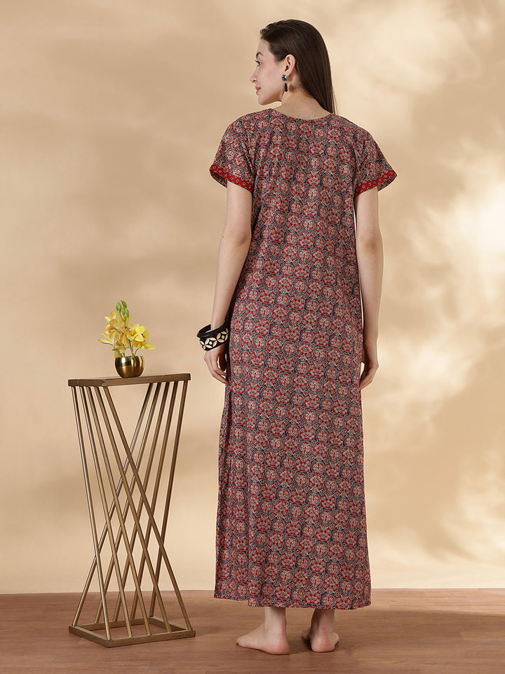 Ajrakh rust best comfortable pure cotton nighty for women