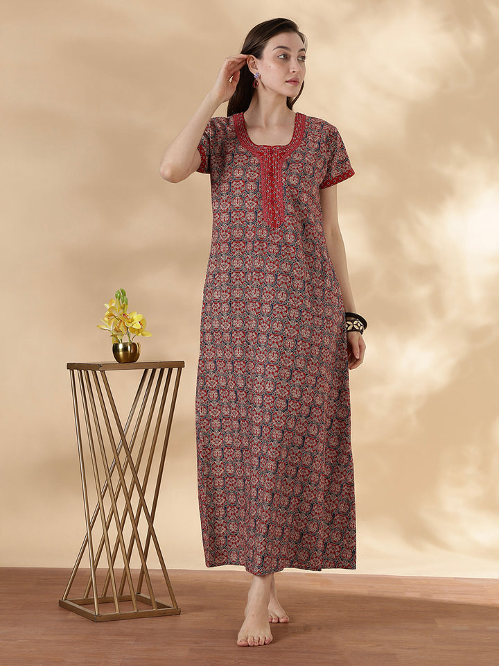 Ajrakh rust best comfortable pure cotton nighty for women