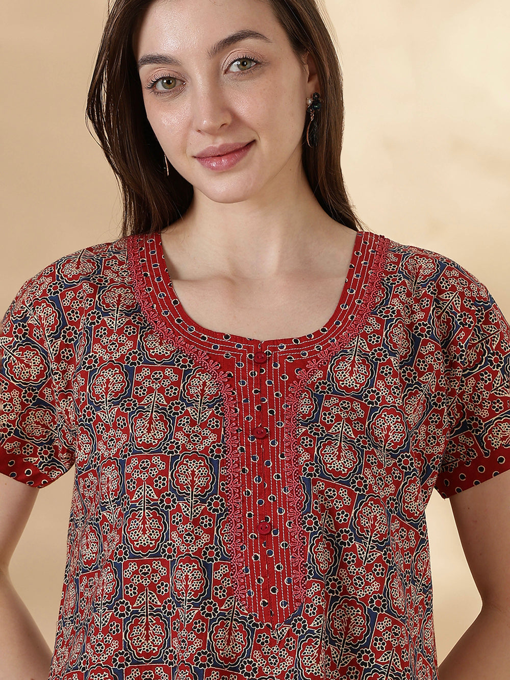 Ajrakh rust best comfortable pure cotton nighty for women