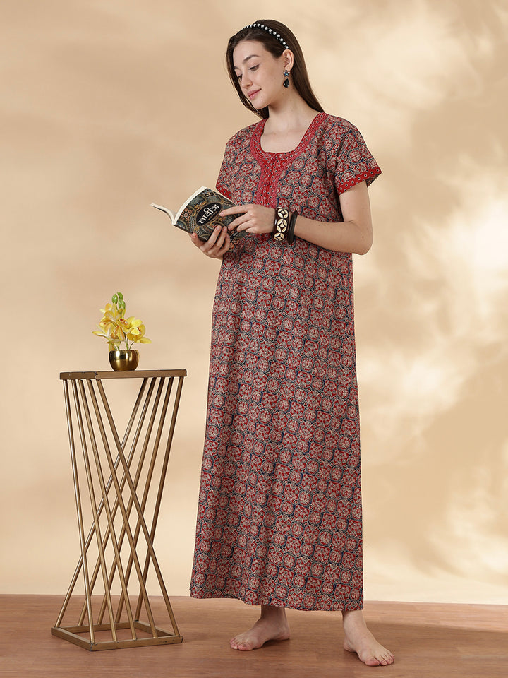 Ajrakh rust best comfortable pure cotton nighty for women