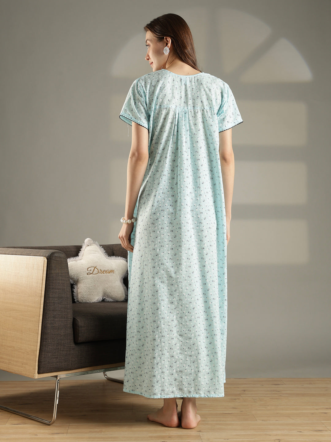 Mint floral soft pure cotton nighty dress For women