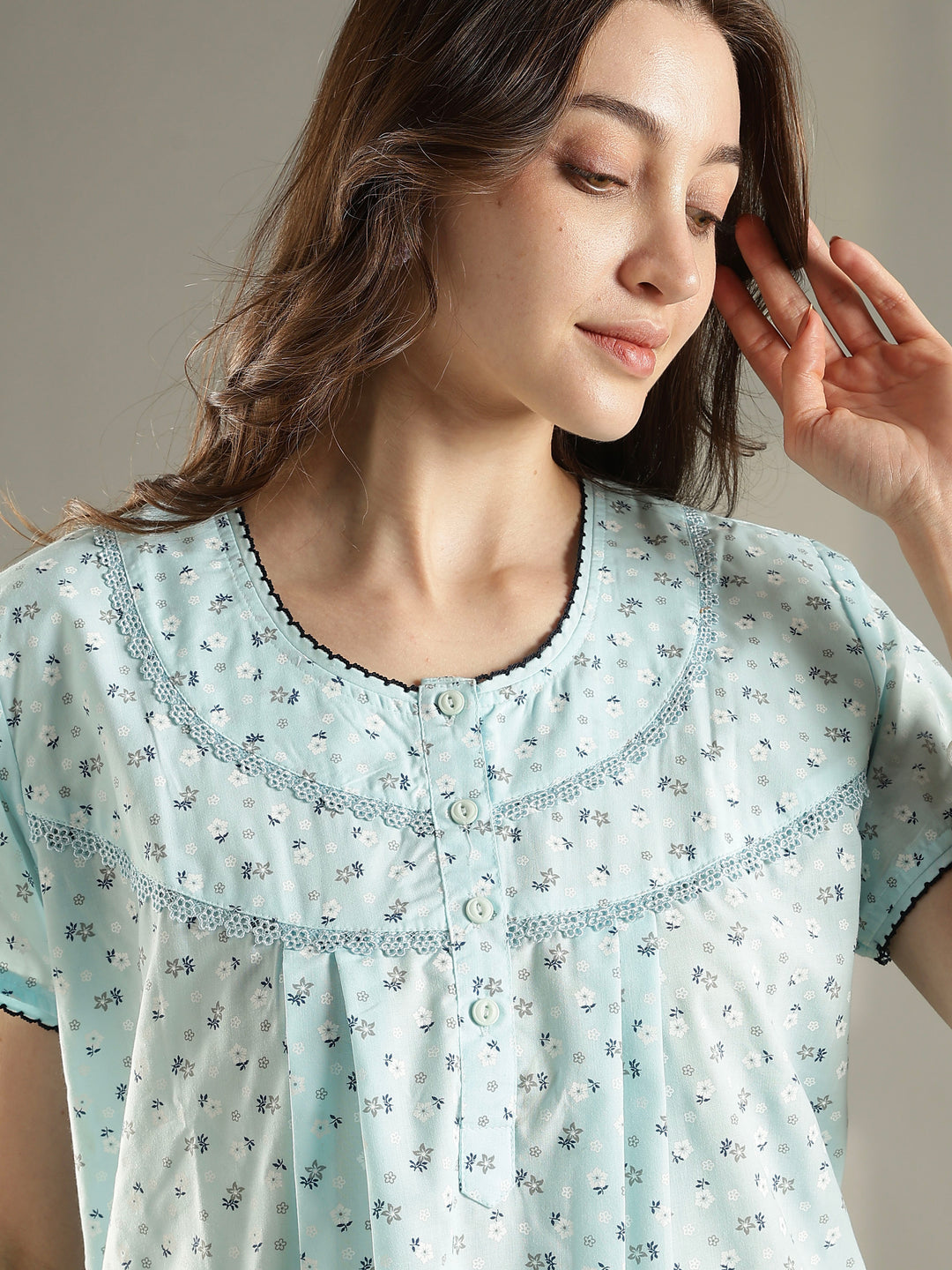 Mint floral soft pure cotton nighty dress For women