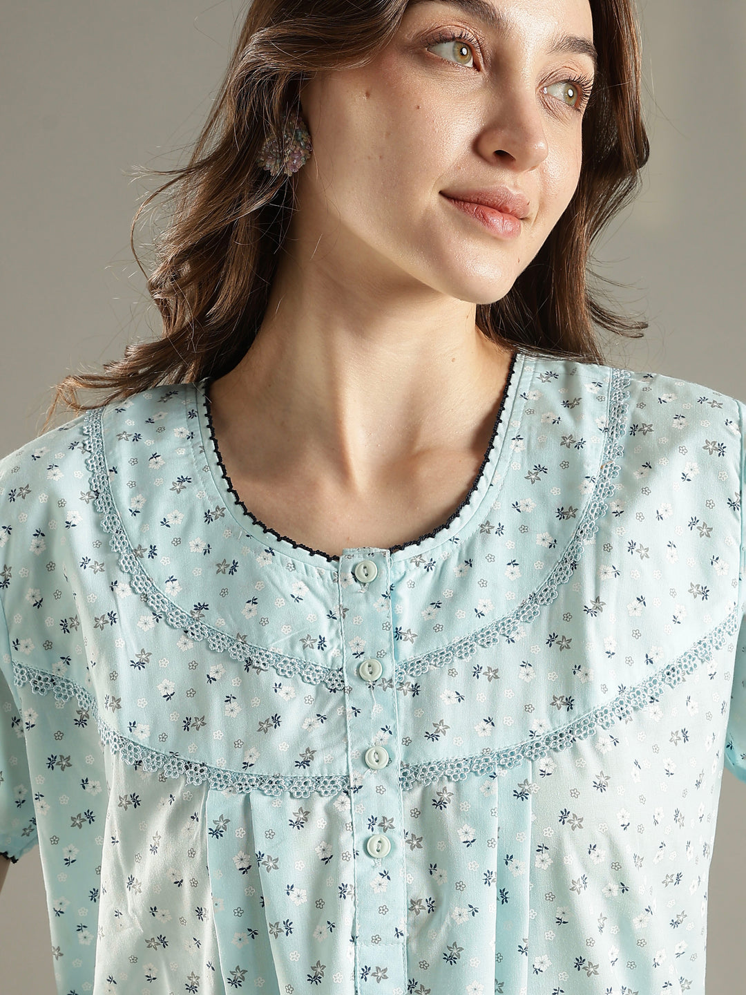 Mint floral soft pure cotton nighty dress For women