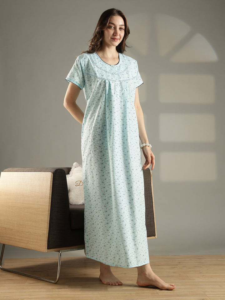 Mint floral soft pure cotton nighty dress For women