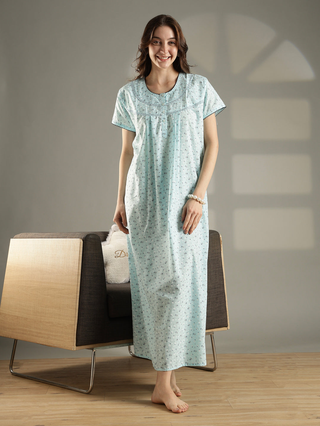 Mint floral soft pure cotton nighty dress For women