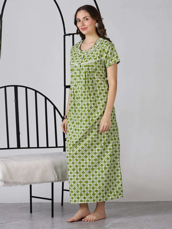 Green pure cotton floral print soft nightwear for women