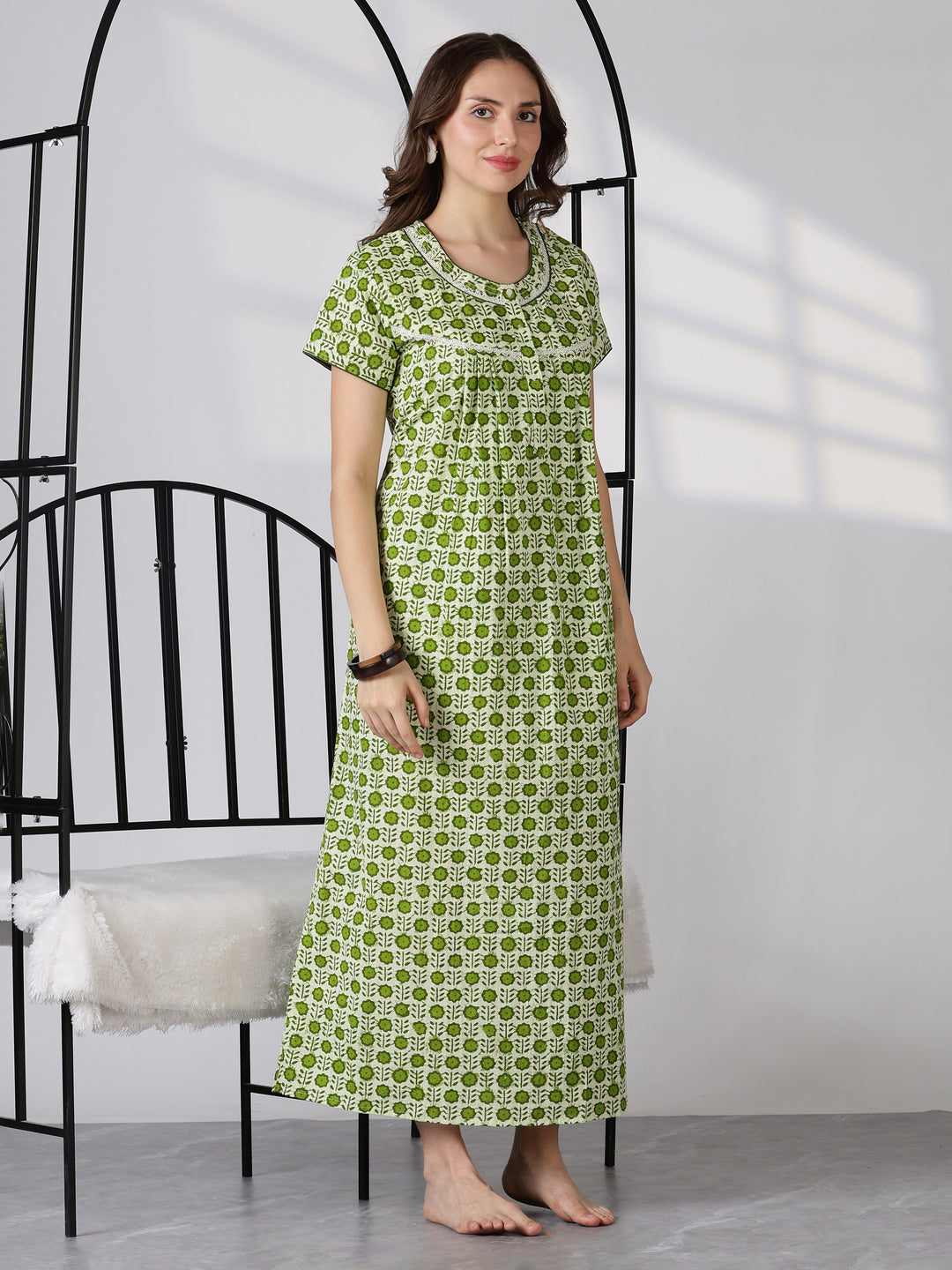 Green pure cotton floral print soft nightwear for women