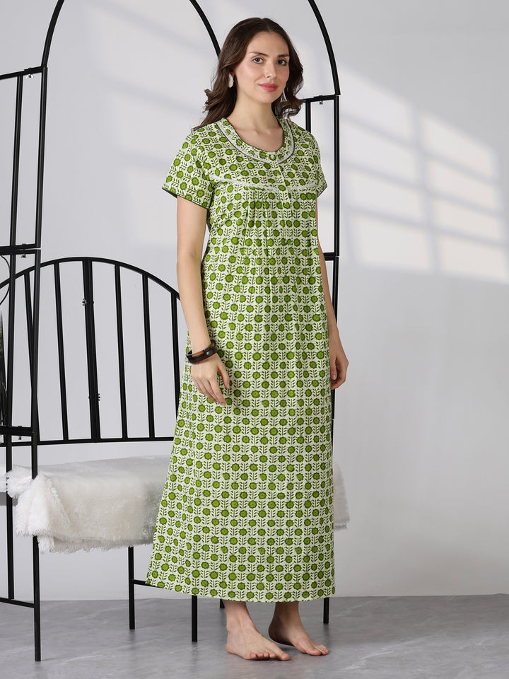 Green pure cotton floral print soft nightwear for women