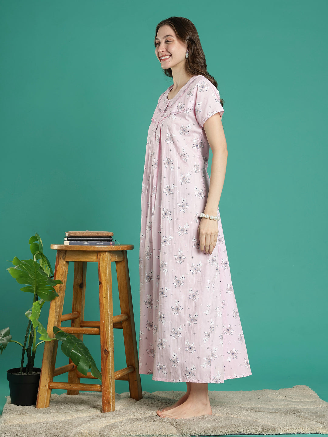 Pastel pink floral 100% pure cotton nighty for women