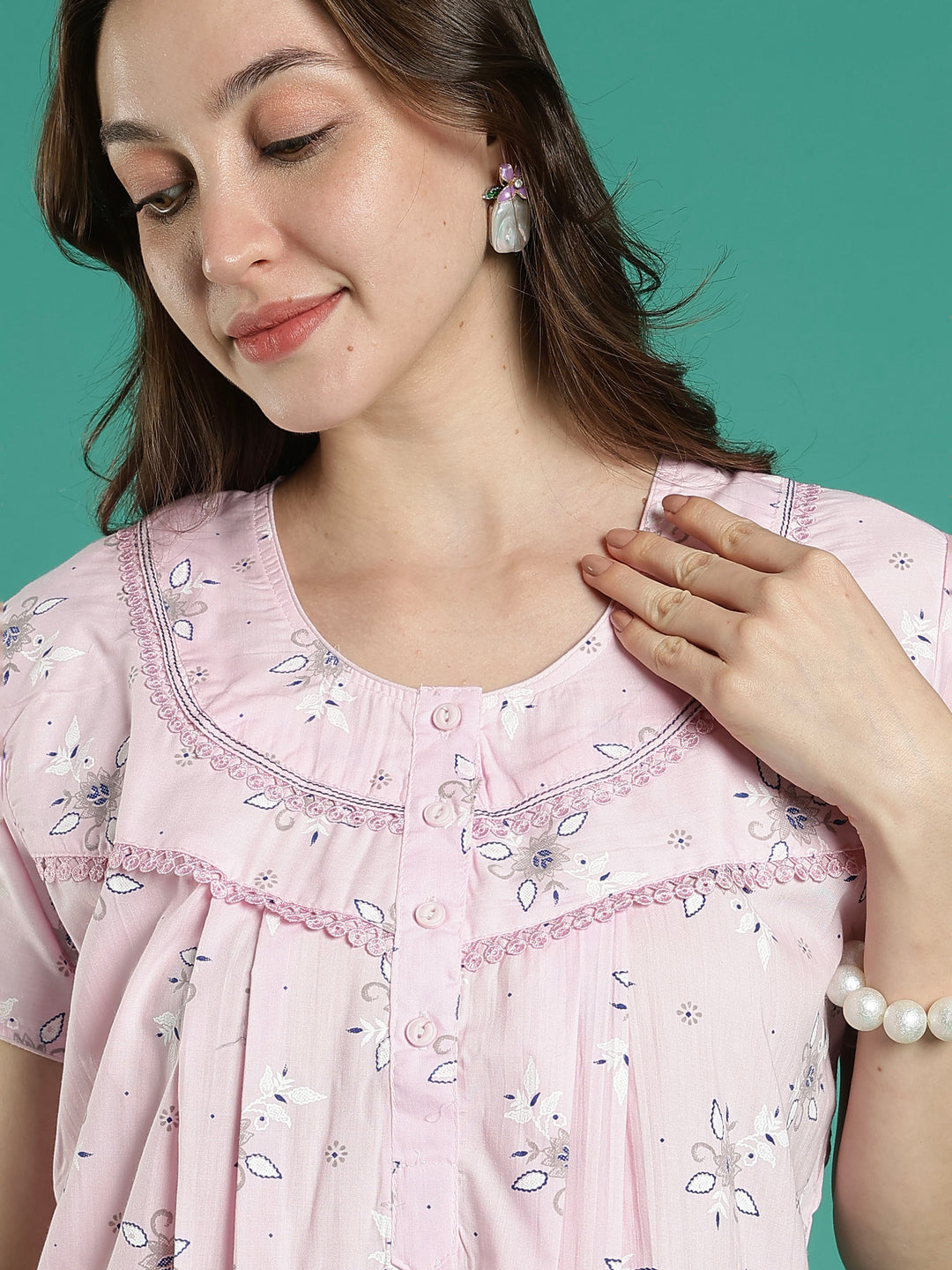 Pastel pink floral 100% pure cotton nighty for women