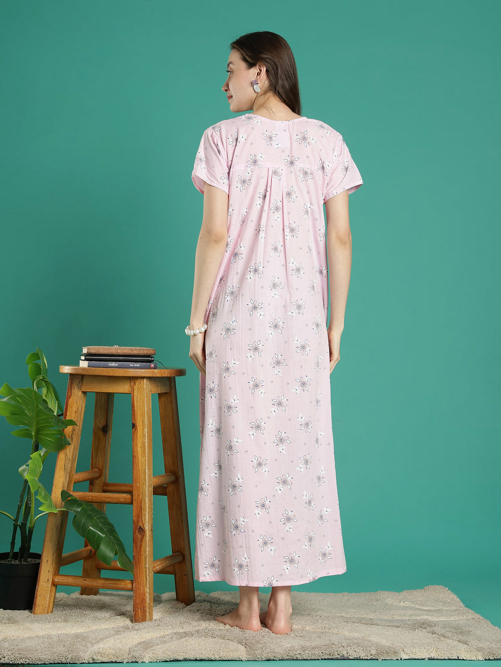 Pastel pink floral 100% pure cotton nighty for women