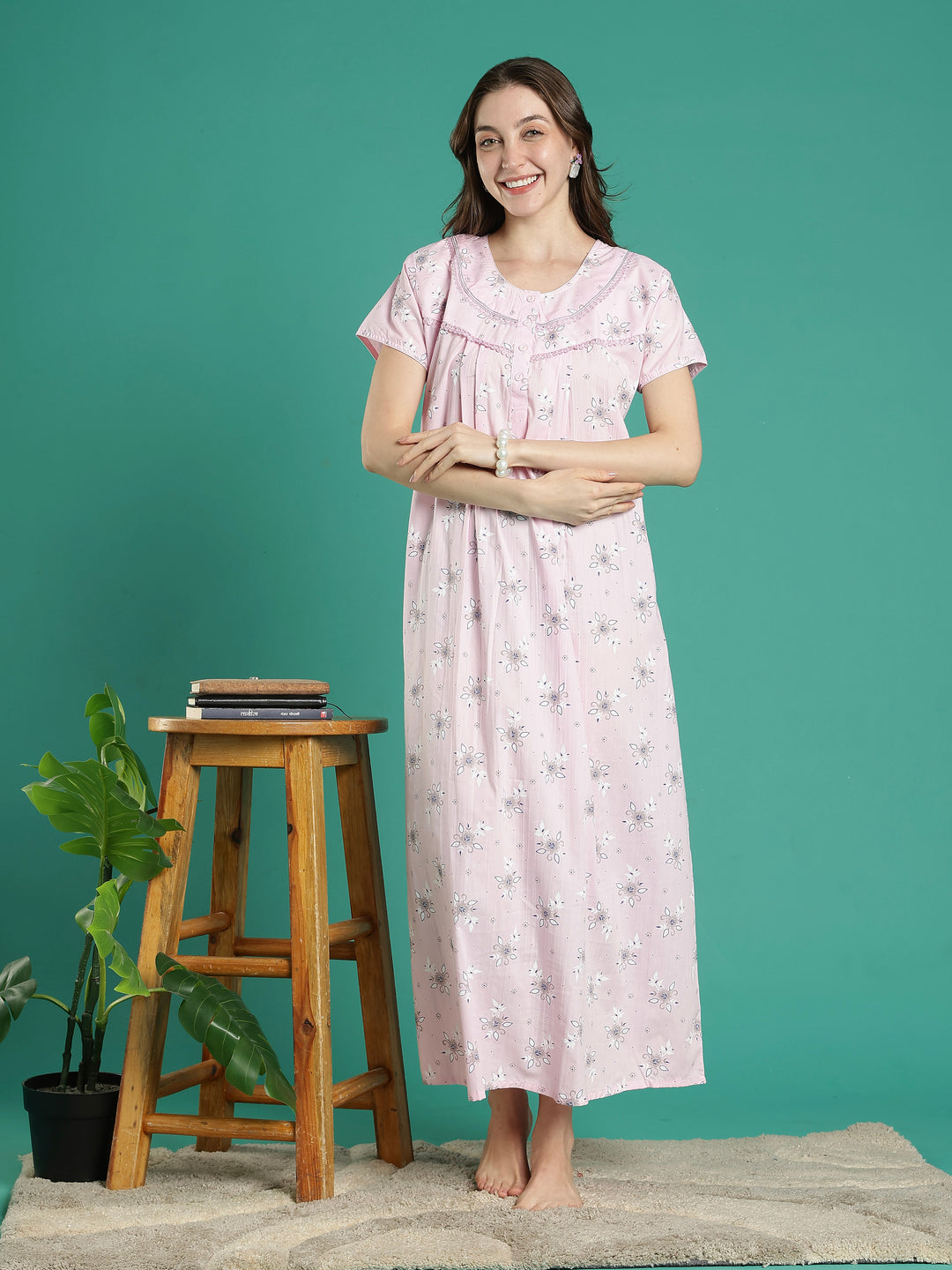 Pastel pink floral 100% pure cotton nighty for women