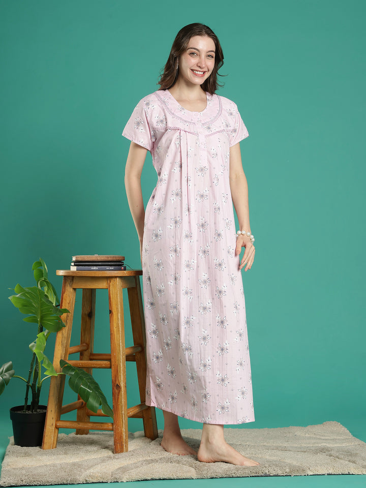 Pastel pink floral 100% pure cotton nighty for women
