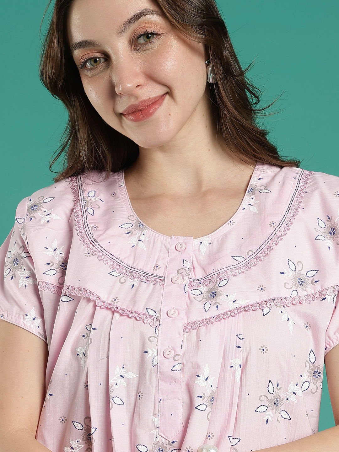 Pastel pink floral 100% pure cotton nighty for women