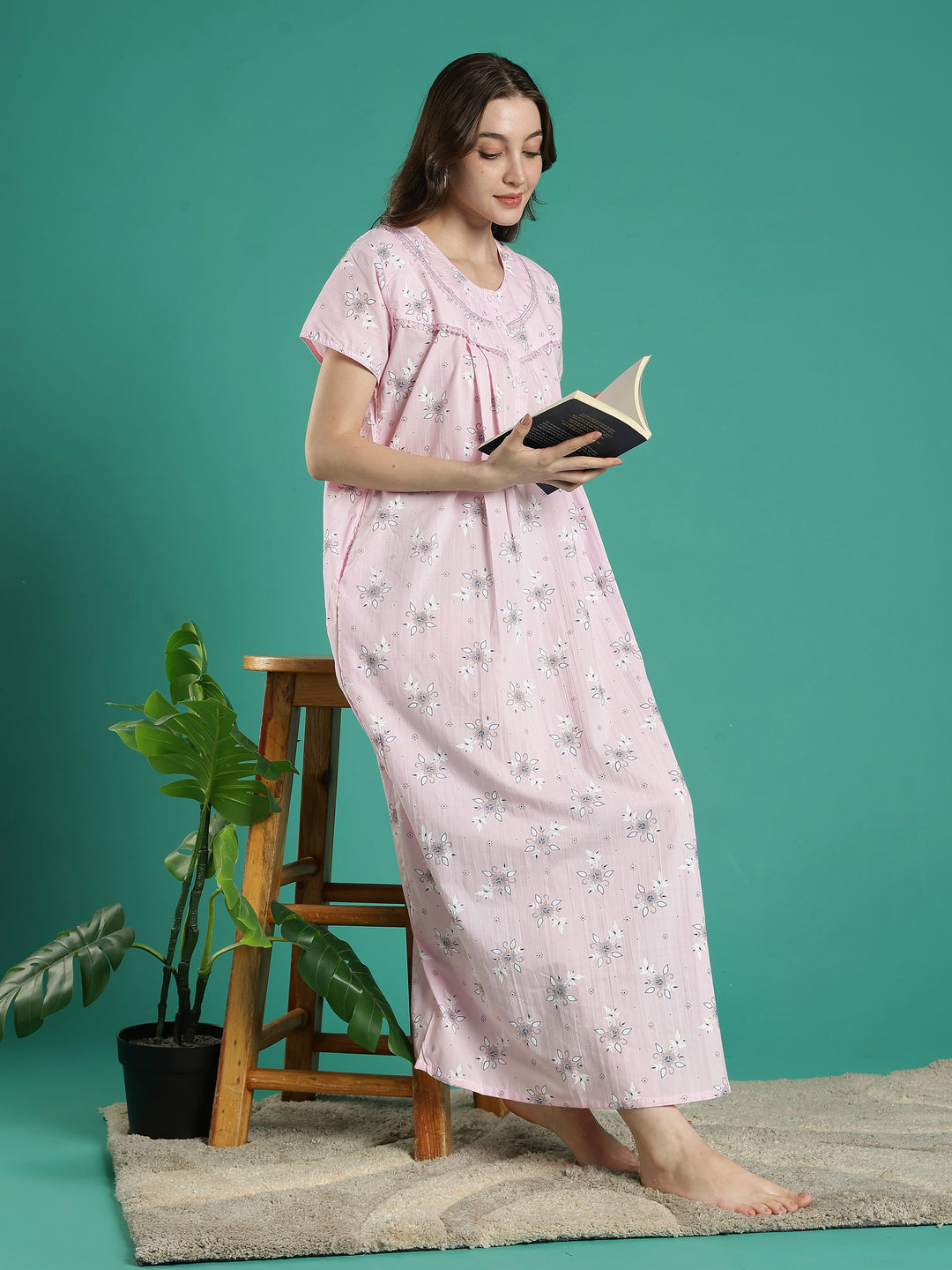 Pastel pink floral 100% pure cotton nighty for women