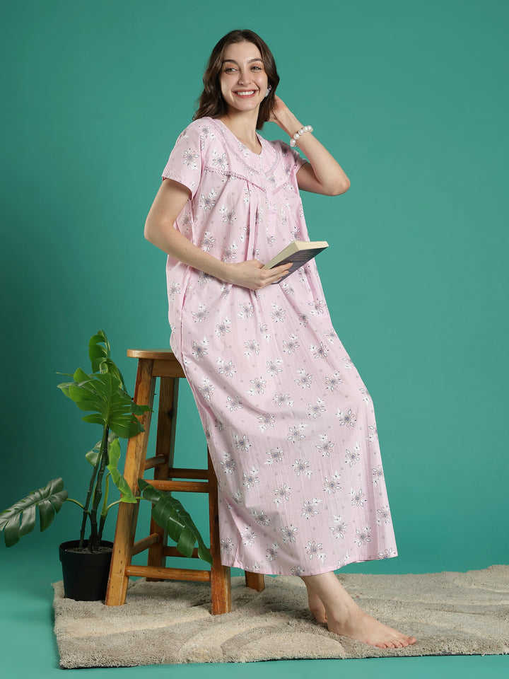 Pastel pink floral 100% pure cotton nighty for women