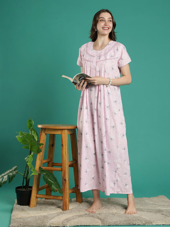 Pastel pink floral 100% pure cotton nighty for women