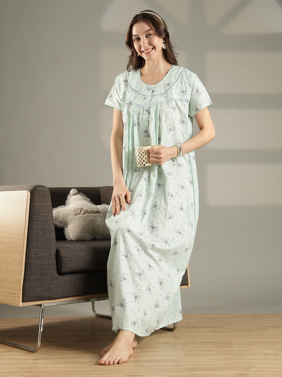 Buy Pastel Green Floral Cotton Summer Night Dress for Women Cotton / L/42 Buy Pastel Green Floral Cotton Summer Night Dress for Women Cotton / L/42