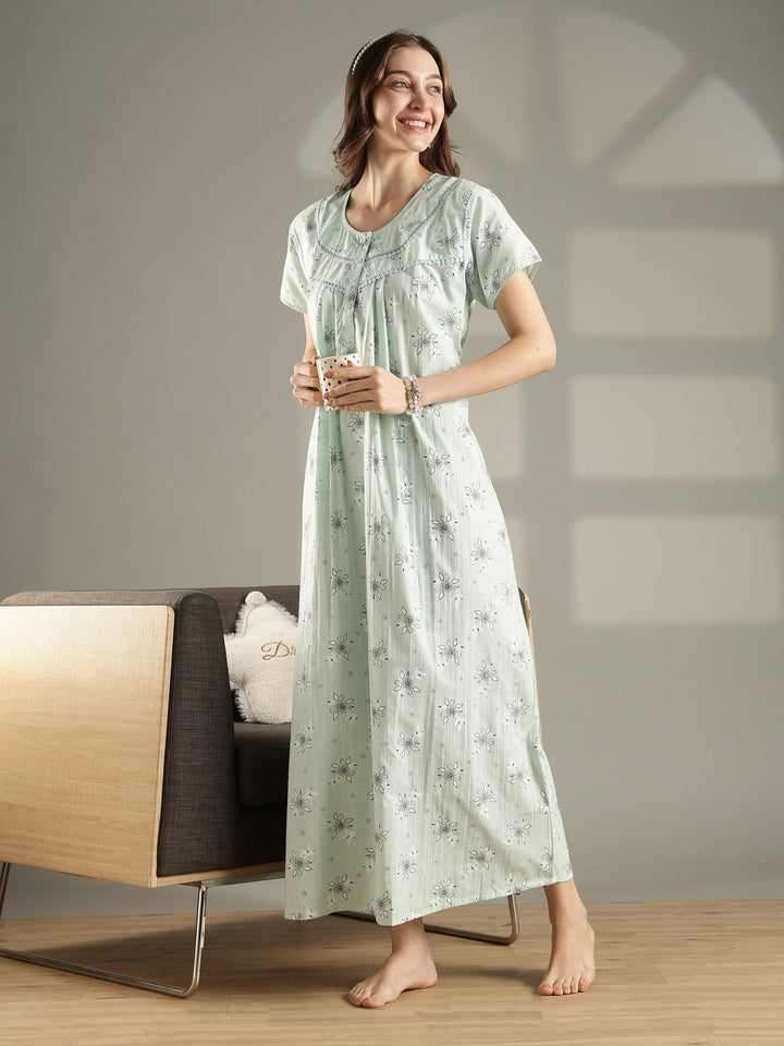 Pastel green floral cotton summer night dress for women