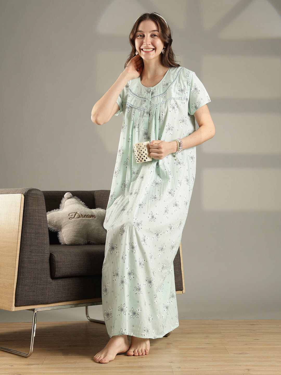 Pastel green floral cotton summer night dress for women