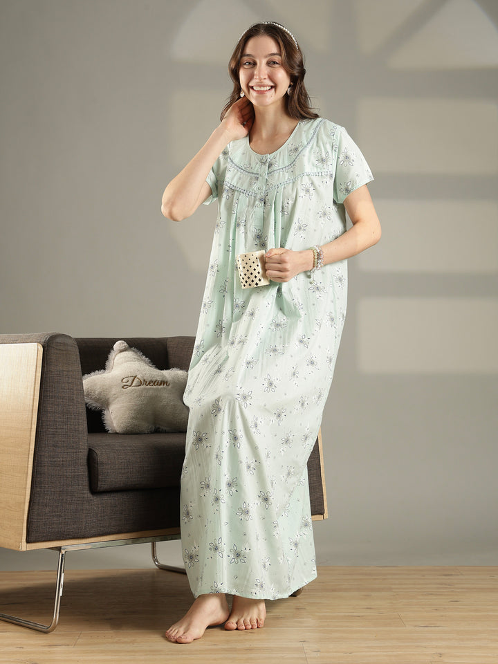 Pastel green floral cotton summer night dress for women