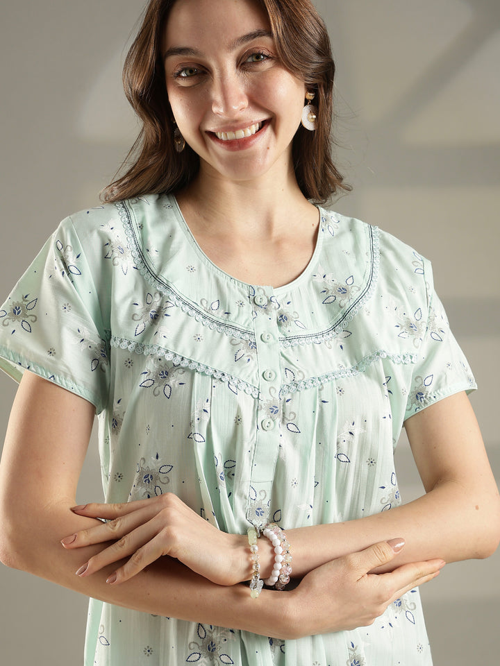 Pastel green floral cotton summer night dress for women