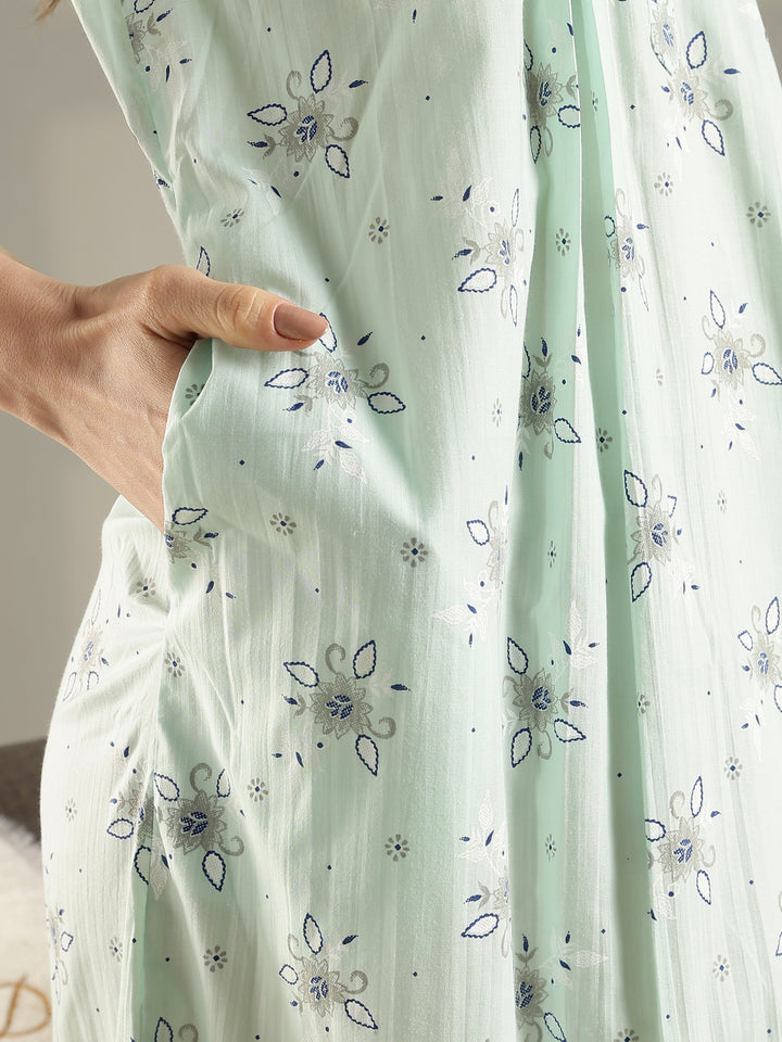 Pastel green floral cotton summer night dress for women