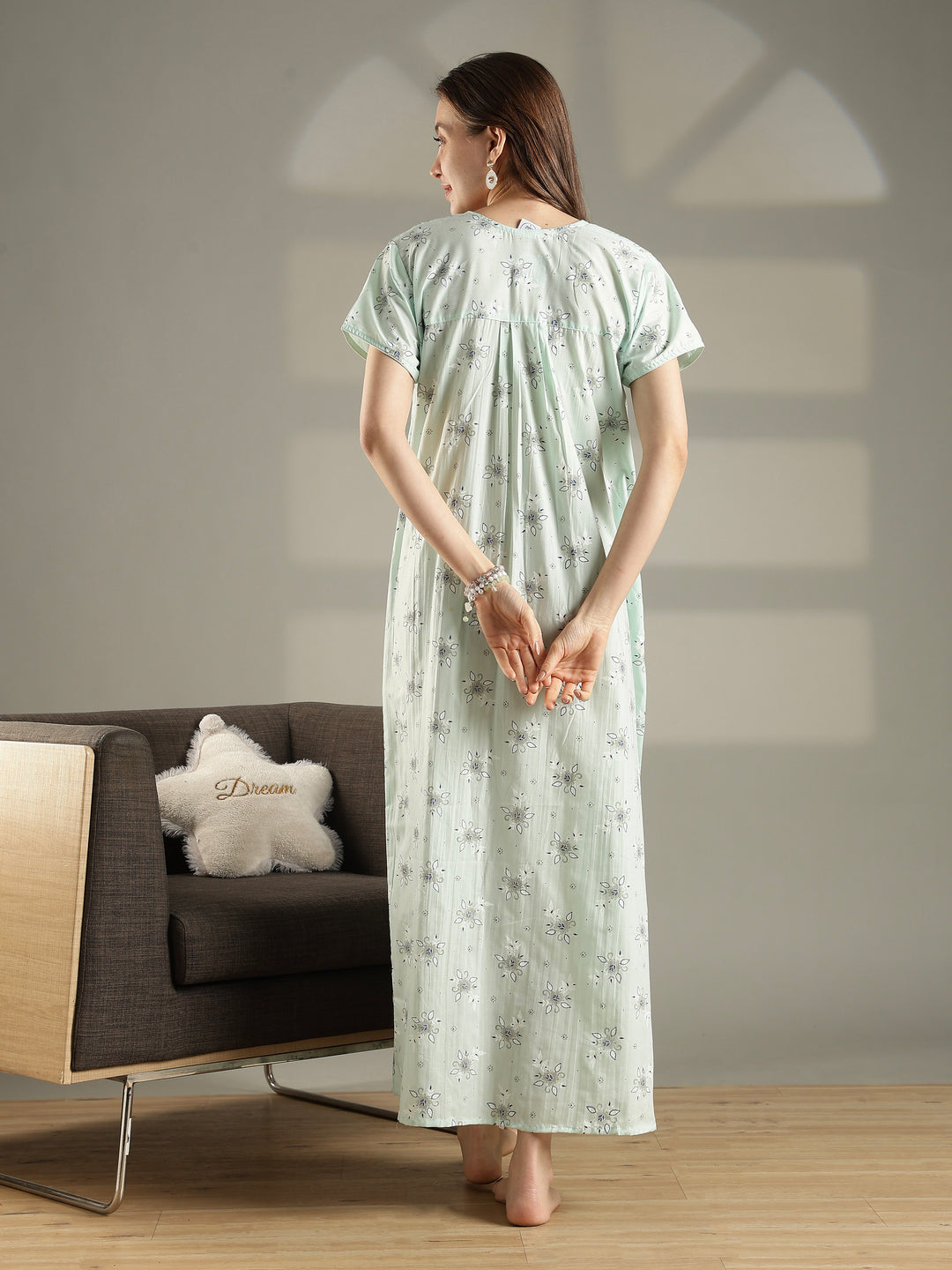 Pastel green floral cotton summer night dress for women